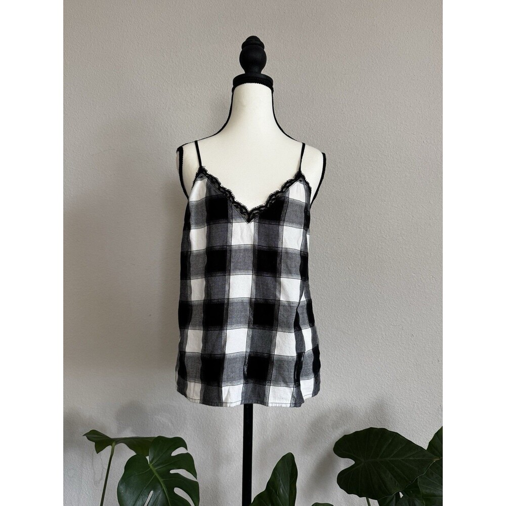 Victoria's Secret LOVE Plaid Flannel Cami Tank Top Black White Lace Trim M